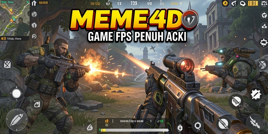 Screenshot utama gameplay MEME4D yang menunjukkan aksi tembak menembak intens.